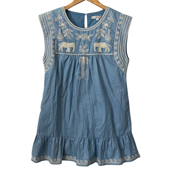 Joy Joy Dresses & Skirts - Joy Joy Blue Chambray Embroidered Elephant Boho Ruffle Hem Mini Dress XS